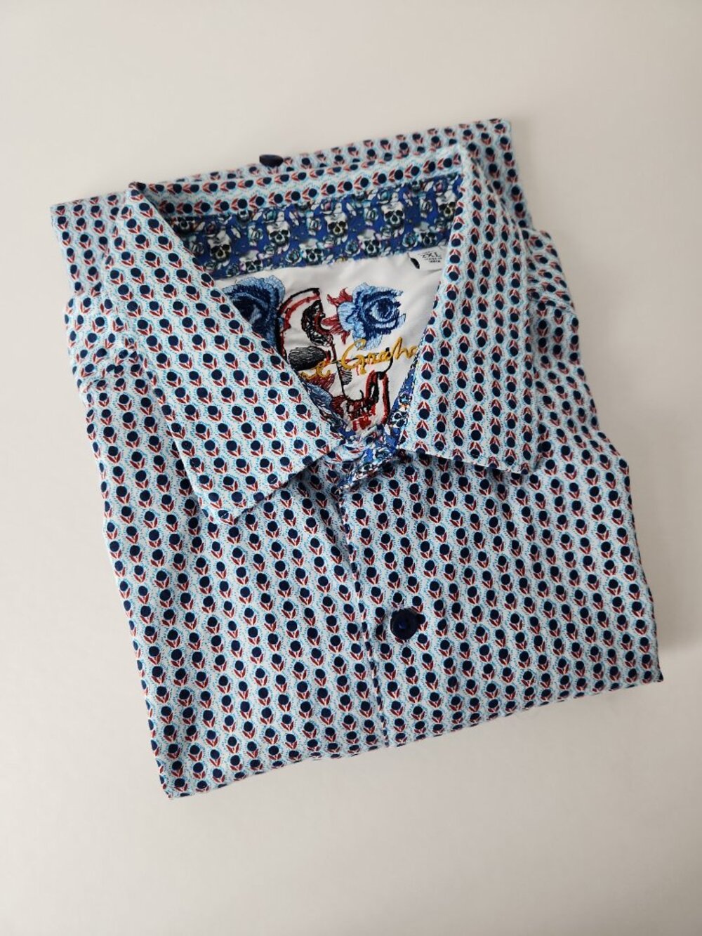 Robert Graham short sleeve button-up shirt floral print skull-pattern trim 2XL